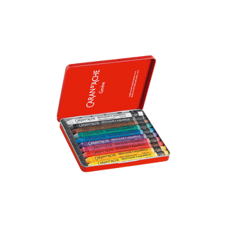 Caran d'Ache Neocolor II Water-Soluble Wax Pastel set in a red metal case with vibrant colored sticks