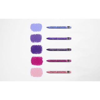 Caran d'Ache Neocolor II Water-Soluble Wax Pastel sticks in purple and pink shades with color swatches