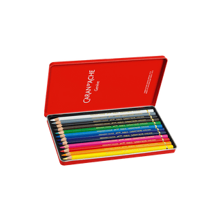 Caran d'Ache Pablo Colour Pencil set in open red metal tin showing vibrant color range and wood casing details