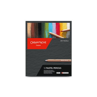Caran d'Ache Pastel Colour Pencil Assortment box with 12 wooden dry pastel pencils and vibrant color streaks