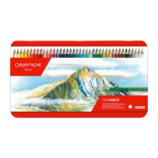 Caran d’Ache Pablo Colour Pencil set featuring a landscape illustration on a metal tin with assorted colors