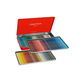 Caran d'Ache Pablo Colour Pencil set with vibrant colors in a red metal case and wooden hexagonal bodies