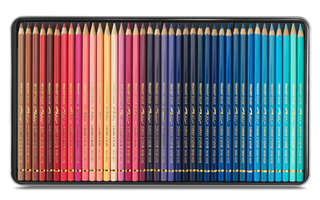 Caran d'Ache Pablo Colour Pencil set in a metal case showing a range of vibrant colors with gold bands
