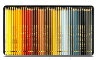 Caran d'Ache Pablo Colour Pencil set in a metal case showcasing warm to cool pastel and neutral shades