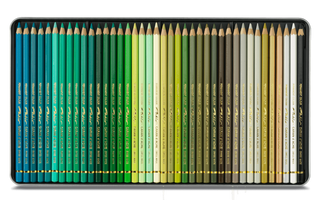 Caran d'Ache Pablo Colour Pencil set in assorted green, yellow, brown, and blue shades with hexagonal wood casing.