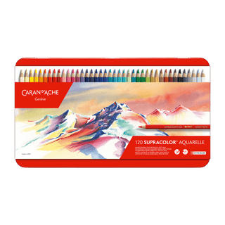 Caran d'Ache Supracolor Aquarelle Colour Pencil set with vibrant mountain landscape packaging and 120 colors