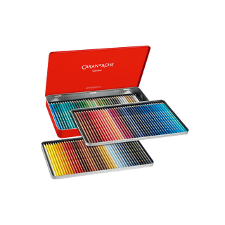 Caran d'Ache Supracolor Aquarelle Colour Pencil set in a red metal case with a wide color range