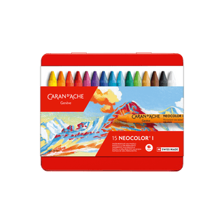 Caran d'Ache Neocolor I Water-Resistant Wax Pastel set in vibrant assorted colors with red metal case packaging