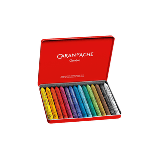 Caran d'Ache Neocolor I Water-Resistant Wax Pastel set in a red metal box with vibrant rainbow colors