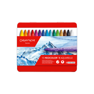 Caran d'Ache Neocolor II Water-Soluble Wax Pastel set with 15 vibrant colors in a red metal case