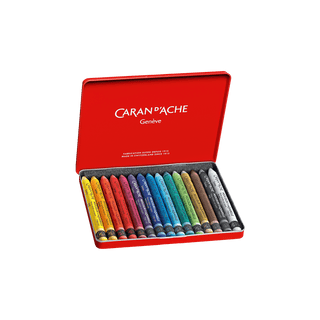 Caran d'Ache Neocolor II Water-Soluble Wax Pastel set with vibrant colors in an open red metal case
