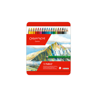 Caran d'Ache Pablo Colour Pencil set with 18 vibrant pencils displayed in a red tin with mountain artwork