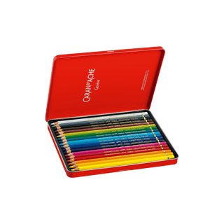 Caran d'Ache Pablo Colour Pencil set in open red metal case showing vibrant colored pencils arranged neatly