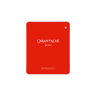 Red metal case packaging for Caran d'Ache Pablo Colour Pencil with white logo and smooth finish