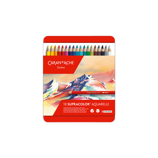 Caran d'Ache Supracolor Aquarelle Colour Pencil set with vibrant colors and mountain artwork packaging