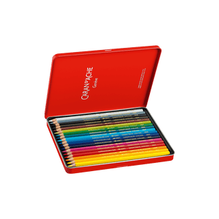 Caran d'Ache Supracolor Aquarelle Colour Pencil set in an open red metal case showing vibrant colors