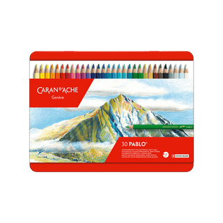 Caran d'Ache Pablo Colour Pencil set with 30 vibrant tones displayed in a metal tin with mountain artwork