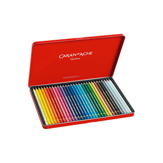 Caran d'Ache Pablo Colour Pencil set in red metal case showcasing vibrant, neatly arranged colored pencils