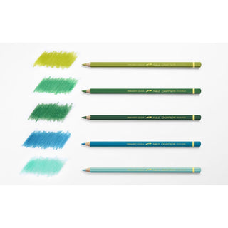 Caran d'Ache Pablo Colour Pencil set with green and blue shades arranged diagonally with color swatches