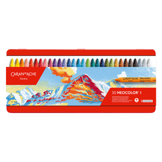 Caran d'Ache Neocolor I Water-Resistant Wax Pastel set with vibrant colors in a red tin case