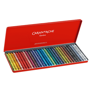 Caran d'Ache Neocolor I Water-Resistant Wax Pastel set in a red metal case with vibrant colors arranged orderly