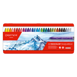 Caran d'Ache Neocolor II Water-Soluble Wax Pastel set with vibrant colors in metal case, mountain artwork on lid