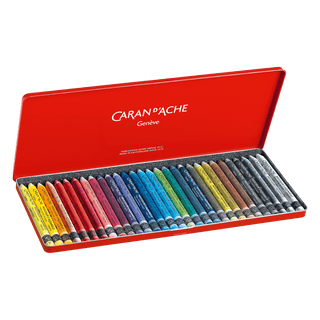 Caran d'Ache Neocolor II Water-Soluble Wax Pastel set in metal case showing vibrant soft pastel sticks