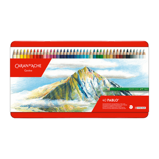 Caran d'Ache Pablo Colour Pencil set with 40 vibrant colors in a decorative mountain-themed tin case
