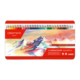 Caran d'Ache Supracolor Aquarelle Colour Pencil set with 40 vibrant water-soluble pencils in a red tin case