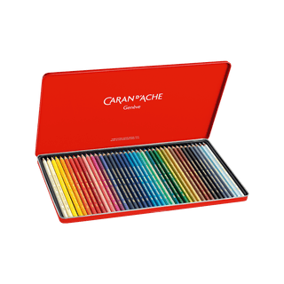 Caran d'Ache Supracolor Aquarelle Colour Pencil set in a red metal tin box with vibrant rainbow shades