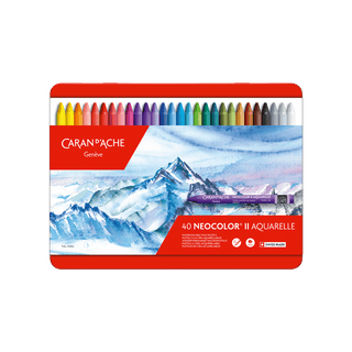 Caran d'Ache Neocolor II Water-Soluble Wax Pastel set with vibrant colors in a metal case with mountain artwork