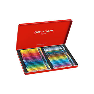 Caran d'Ache Neocolor II Water-Soluble Wax Pastel set with vibrant colors in red metal case