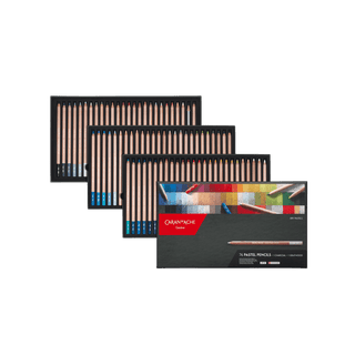 Caran d'Ache Pastel Colour Pencil Assortment with smooth leads and matte hexagonal cedar wood bodies in black trays