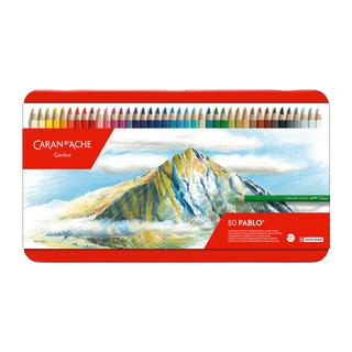 Caran d'Ache Pablo Colour Pencil set in metal tin with a mountain landscape illustration on the lid