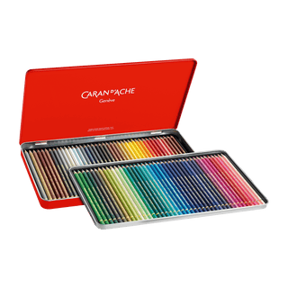 Caran d'Ache Pablo Colour Pencil set in a red metal case showcasing a vibrant range of colors arranged neatly