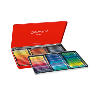 Caran d'Ache Neocolor II Water-Soluble Wax Pastel set in a red metal box with vibrant array of colors