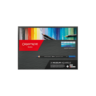 Caran d'Ache Museum Aquarelle Colour Pencil set with 20 vibrant shades in a sleek black box