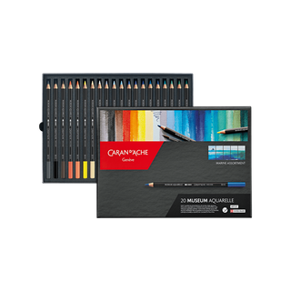 Caran d'Ache Museum Aquarelle Colour Pencil set with 20 pencils in a sleek black case and marine-themed packaging