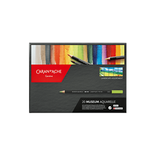 Caran d'Ache Museum Aquarelle Colour Pencil set featuring 20 vibrant colors in premium cedar wood packaging