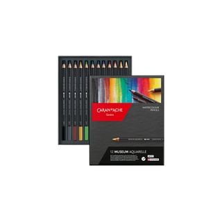 Caran d'Ache Museum Aquarelle Colour Pencil set with 12 vibrant watercolor pencils in black case