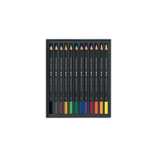 Caran d'Ache Museum Aquarelle Colour Pencil set with ten vibrant colors in matte black hexagonal cedar wood casings
