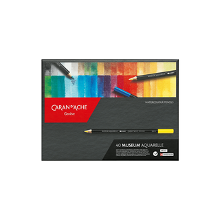 Caran d'Ache Museum Aquarelle Colour Pencil set with vibrant watercolor swatches on black textured box