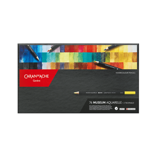 Caran d'Ache Museum Aquarelle Colour Pencil set with vibrant watercolor pencil illustrations on box