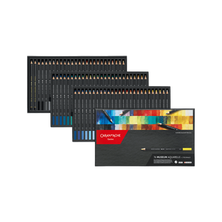 Caran d'Ache Museum Aquarelle Colour Pencil set with sleek black cedar wood casing and vibrant pigment cores