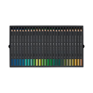 Caran d'Ache Museum Aquarelle Colour Pencil set with vibrant blue, green, and yellow shades in matte black wood casing