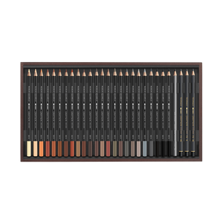 Caran d'Ache Museum Aquarelle Colour Pencil wooden box set displaying earth tone pencils and graphite tools