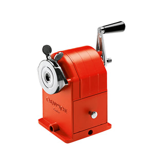 Caran d'Ache Pencil Sharpener Standard Edition in vibrant red metal with crank handle and sturdy base