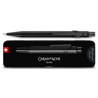 Caran d'Ache 844 Premium Mechanical Pencil in black matte aluminum with matching metal clip and tin case