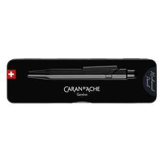 Caran d’Ache 844 Premium Mechanical Pencil displayed in sleek black aluminum case with metal clip