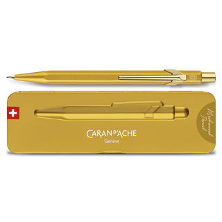 Caran d'Ache 844 Premium Mechanical Pencil in gold hexagonal aluminum body with matching case